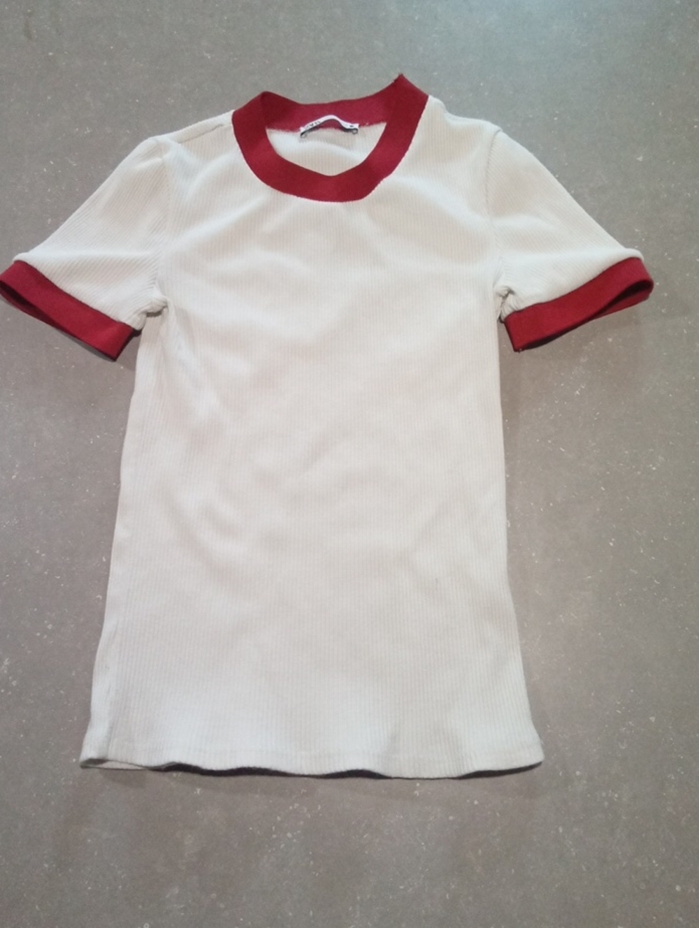 Zara White Tee with Red Collar & Sleeve Trim